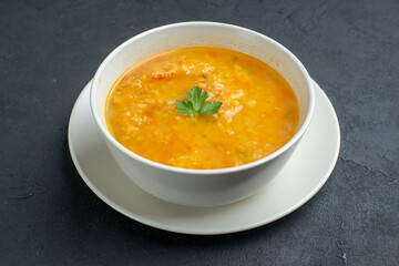 front view delicious soup inside white plate on dark surface food diner colourful meal bread horizontal dish