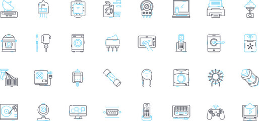 Devices technology linear icons set. Smartph, Laptop, Tablet, Smartwatch, Fitbit, Dr, Camera line vector and concept signs. Gaming,Virtual reality,Augmented reality outline illustrations