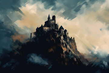 Fototapeta na wymiar Medieval castle, perched atop a towering mountain peak. Generative AI