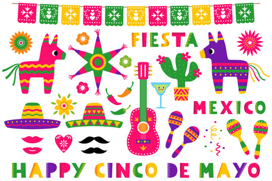 Cinco de Mayo vector design elements set (sombreros, pinatas, maracas, a guitar, banner and decoration)