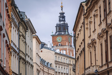 Town Hall Tower seen from Bracka Street, Old Town, historic part of Krakow, Poland