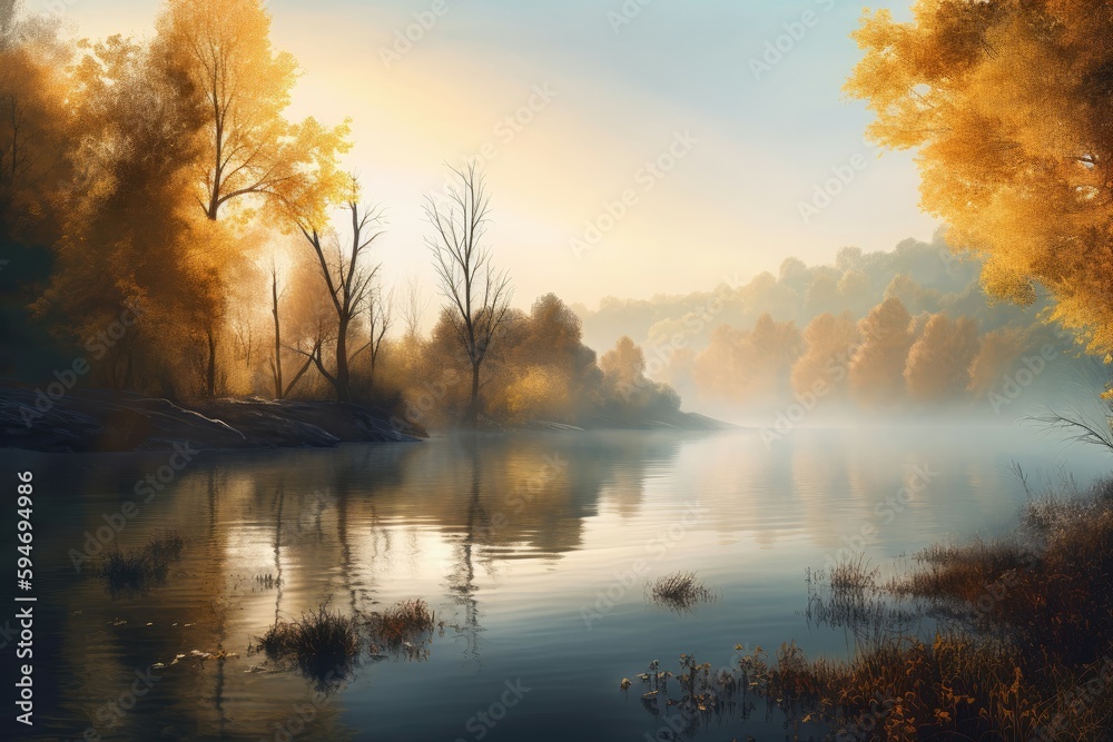 Poster serene lake scene at dawn, with mist rising from the water and golden light illuminating the surroun