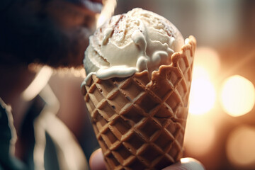 Gros plan d'un homme mangeant un cornet de glace à la vanille » IA générative