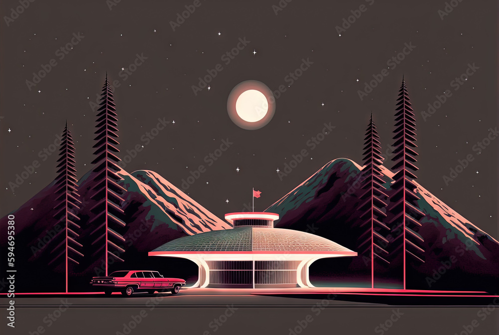 Poster retrofuturistic landscape in 80s sci-fi style. retro science fiction scene with futuristic buildings