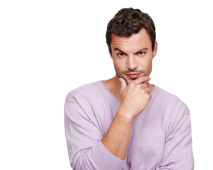 Fashion, thinking and portrait of man with attitude on png, isolated and transparent background. Inspiration, confidence and male model with wondering, ideas and thoughtful expression for decision