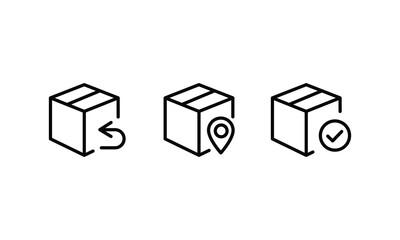 Box icon. Package, delivery boxes, cargo distribution, export, return parcel. Shipment of goods, open package, Open Box, recycled, Contains such priority shipping, express order tracking, crate icons