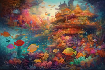 Naklejka na ściany i meble Vibrant underwater scene, with colorful coral reefs and schools of tropical fish. Generative AI