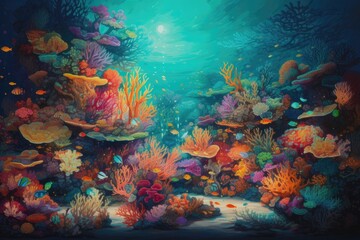 Naklejka na ściany i meble Vibrant underwater scene, with colorful coral reefs and schools of tropical fish. Generative AI