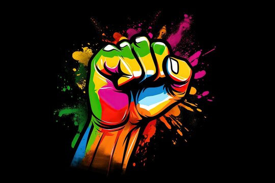 Rainbow colored hand with a fist raised up. Gay Pride background, Pride flag, LGBTQ pride, Rainbow fist raised up background. LGBTQ concept, Generative AI.