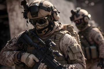 Soldiers in military uniform and Military Special Forces Units in Full Combat Gear, Read For Battle, Generative AI