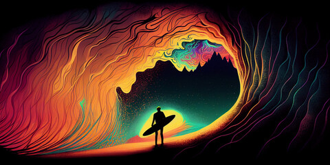  a lone shadow of a human riding a surfboard on the crest of a psychedelic colored- Generative AI