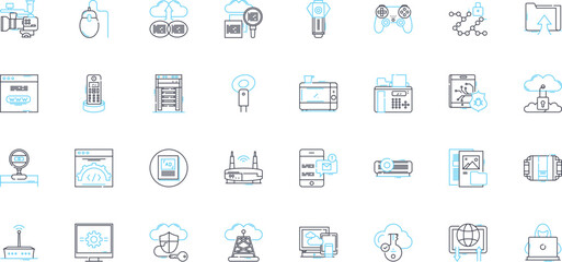 Digital communication linear icons set. Messaging, Email, Social media, Chatting, Chatbots, Video, Conference line vector and concept signs. Emailing,Telecommunications,Voiceover IP outline