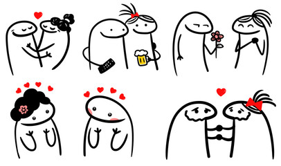 Set of characters in the style of meme flork. separate vectors. valentines theme. lovers - obrazy, fototapety, plakaty