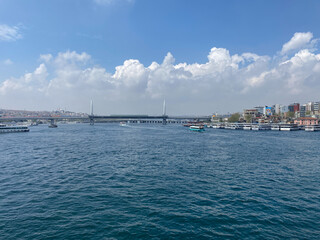 A view of Suleymaniye Mosque, Bosphorus, City line ferries and Touristic sightseeing ships passing through  from Galata bridge, Istanbul Turkey