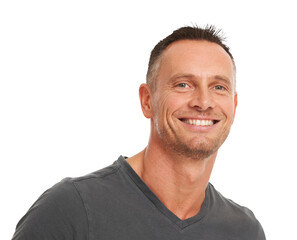 Obraz premium Smile, confidence and portrait of a male person with a smile and positive good mindset. Happiness, headshot and face of a handsome man model with casual style isolated by a transparent png background