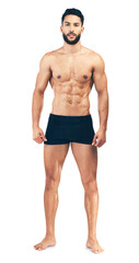 Portrait, underwear or man for full body fitness or wellness after workout isolated on transparent...