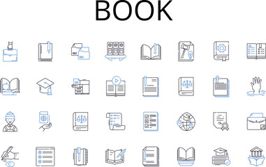 Book line icons collection. Tome, Read, Novel, Manuscript, Text, Volume, Publication vector and linear illustration. Literature,Softcopy,Hardcover outline signs set - obrazy, fototapety, plakaty