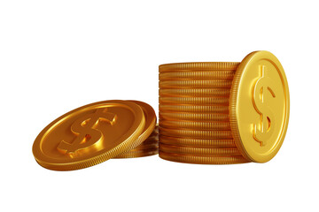 Stack gold coin, isolated on white background, dollar coin, money sign, 3d render illustration