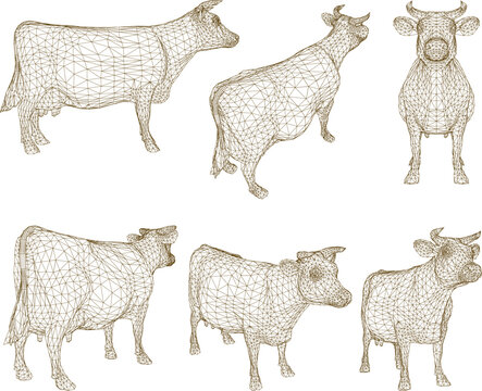 Vector sketch illustration of a farm cow milking