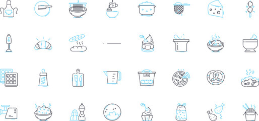 Gastronomy food linear icons set. Delicacy, Savory, Palate, Cuisine, Spice, Gourmet, Flavor line vector and concept signs. Umami,Indulgence,Zest outline illustrations