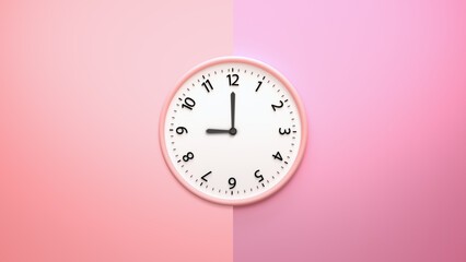 White clock on pastel color background. White wall clock on pink and pink background. Minimal concept. 3d rendering of a white wall clock on a pink background.