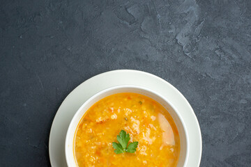 top view delicious soup inside white plate on dark surface food colourful meal bread horizontal dish