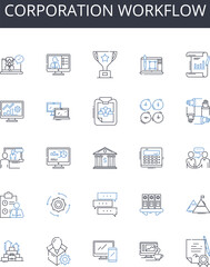 Corporation workflow line icons collection. Company process, Business operations, Enterprise mechanism, Organization procedure, Firm protocol, Establishment course, Agency practice vector and linear