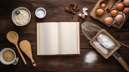 Cooking Adventures: Kitchen Table with Ingredients and an Empty Cookbook