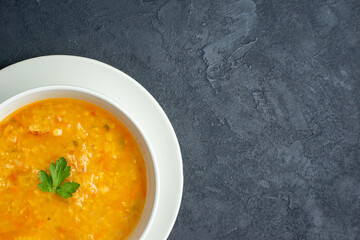 top view delicious soup inside white plate on dark surface food diner meal bread horizontal dish