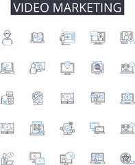 Video marketing line icons collection. Social media, Digital advertising, Virtual event, Email marketing, Search engine, Content creation, Online promotion vector and linear illustration. Graphic