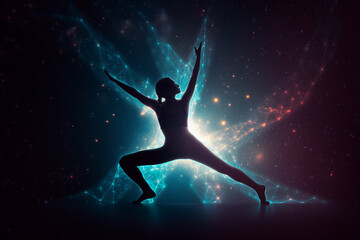 Woman doing Yoga poses with milky galaxy night sky background, concept of spiritual practice and mindfulness.