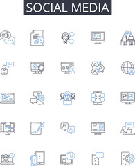 Social media line icons collection. Digital marketing, Online nerking, Web presence, Cyber communication, Internet sharing, Virtual community, Connected culture vector and linear illustration. Mobile