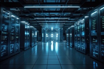 Working Data Center Full of Rack Servers and Supercomputers, Modern Telecommunications, Artificial Intelligence, Supercomputer Technology, generative AI