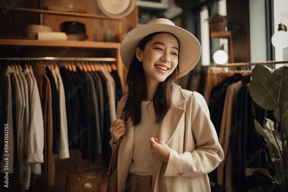 Poster happy woman shopping, a woman with a radiant smile browsing through a high-end fashion boutique fill