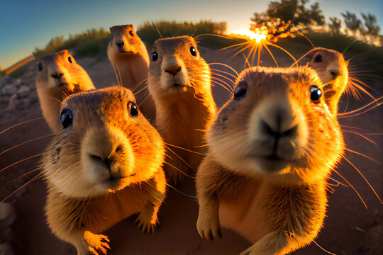 A group of gophers look at the camera and take a selfie in nature. AI Generated