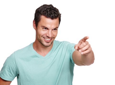 Happy, smile and man pointing his finger to show a choice, selection vote or direction. Happiness, excited and male model with a point hand gesture to choose isolated by a transparent png background.