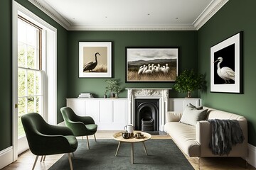 Fototapeta premium Green living room with fireplace