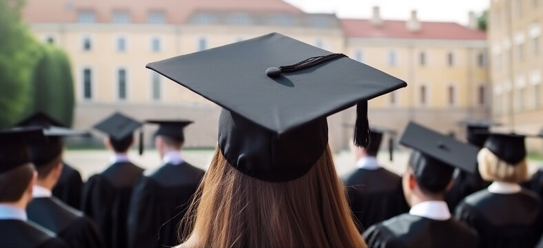 rear view of Girl or young woman in black academic cap and gown and other students on background of university or college at graduation ceremony Education concept generative AI