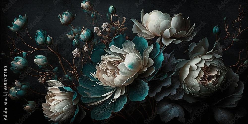 Sticker generative ai, close up of blooming flowerbeds of amazing teal flowers on dark moody floral textured