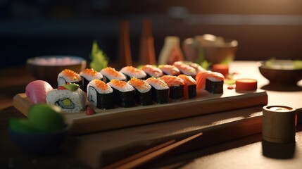 Sushi Rolls in a Warm and Inviting Setting: Isolated on a Cozy Background. Great for Your Menu, Food, or Culinary Illustrations. Generative ai.