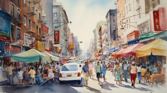 Watercolor artwork of a bustling city street scene with colorful buildings and people going about their day. Generative AI.