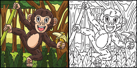 Monkey Coloring Page Colored Illustration