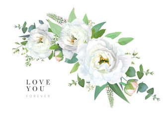 Beautiful, watercolor, vector floral bouquet. Holiday greeting, wedding invite, save the date card. Template design. White lisanthus flowers, jasmine, veronica, green leaves, seeded eucalyptus bouquet