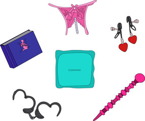 Illustration on Pink background of sex Toys BDSM Erotic Set Handcuffs Vibrator Condom Nipple Clamps Book Binding pattern