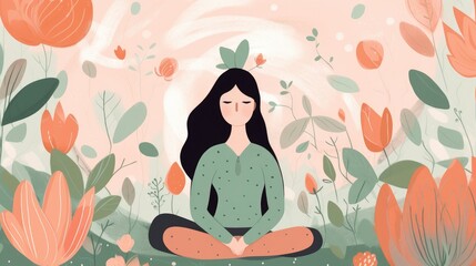 Meditation coping with stress and anxiety with soothing pastel colors with trees, flowers, and water. Generative AI