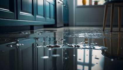 Flooded floor in kitchen from water leak. Damage , Property insurance concept. Generation AI - obrazy, fototapety, plakaty