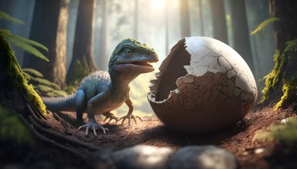 Gordijnen Young dinosaur T Rex hatches from an egg in forest in habitat, Jurassic period. Generation AI © Adin