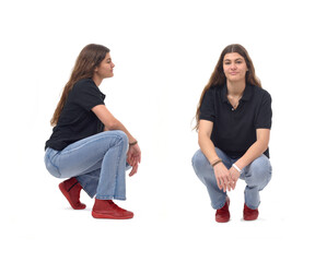 side and front view same young girl long-haired squatting on white background