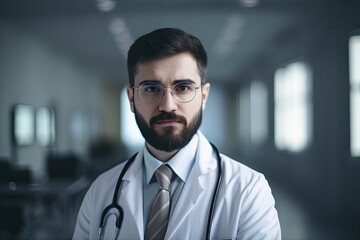 Fototapeta na wymiar Portrait of serious male doctor with stethoscope looking at camera, Generative AI