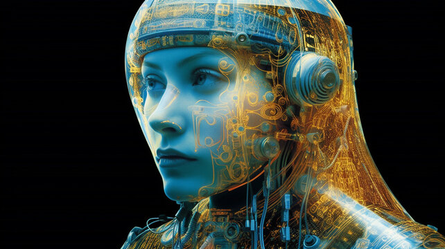 Futuristic portrait of half cyborg, half human in advanced technology augmentation Generative AI.